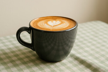 Fresh hot cappuccino with heart shaped latte art in ceramic mug resting on checkered tablecloth near neutral wall