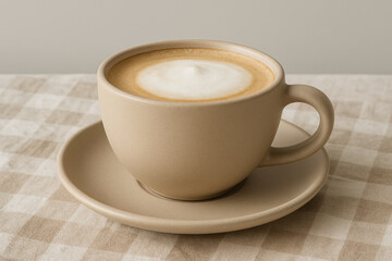 Fototapeta premium Creamy cappuccino in beige ceramic cup with saucer on checkered tablecloth, cozy calm minimalist morning coffee scene