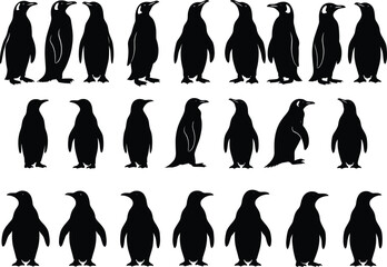 Penguin silhouette vector set, black animal icons, wildlife clipart collection, standing penguins, side view, minimal style, editable illustration, isolated shapes