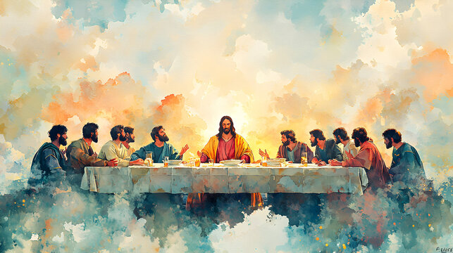 Watercolor painting depicting the sacred Last Supper scene where Jesus shares bread and wine with his twelve disciples, inspired by the New Testament story of Maundy Thursday.