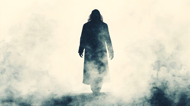 Digital watercolor painting of the Messiah walking in silhouette under radiant light, symbolic Christian artwork representing faith, hope, and divine guidance.