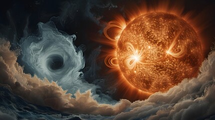 An ultra close-up of the Sun's surface with solar flares erupting, set against a dark, cosmic sky with turbulent clouds and a contrast of fiery orange and icy blue nebulae.