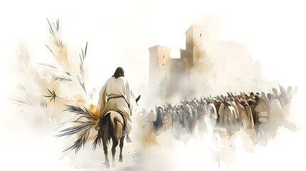 Naklejka premium Hand-painted watercolor art of Jesus riding a donkey into Jerusalem, symbol of peace, humility, and triumph, inspired by the Gospel story of Palm Sunday.