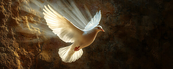Serene winged dove soaring gracefully across empty sky, sacred emblem of Christian spirituality, purity, freedom, and heavenly love with copy space for inspirational message.