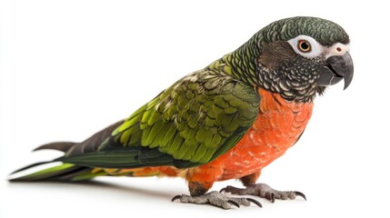 Green-cheeked conure parrot studio shot, white background, exotic pet