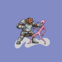 Bear Knight Punches Alien Fantasy Combat Illustration