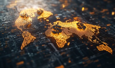 Global finance concept with floating dollar, euro, and yen symbols over a world map, 3D illustration