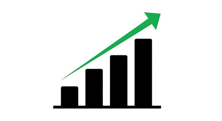 A simple black bar graph with a rising green arrow indicating growth and positive progress, isolated on a clean white background