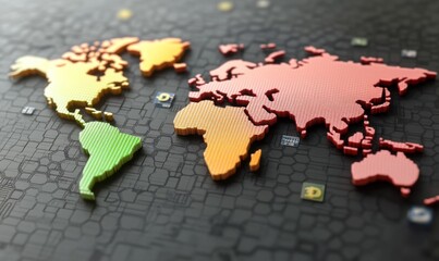 Global finance concept with floating dollar, euro, and yen symbols over a world map, 3D illustration