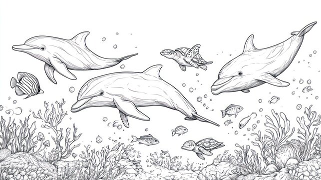 Dolphins swimming coral reef ocean illustration