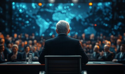 CEO conducting a virtual press conference, representing modern business communication, 3D illustration