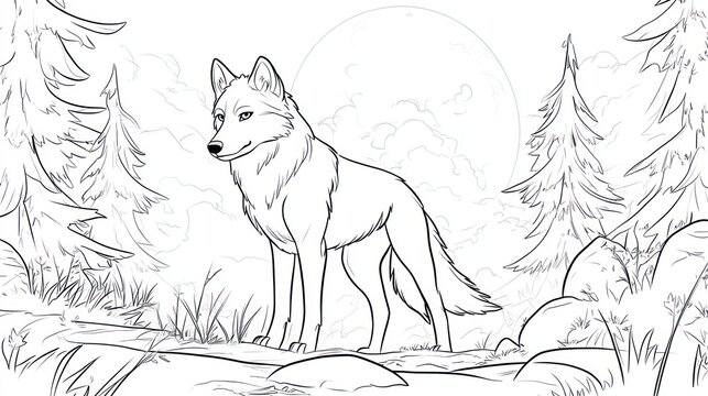 Majestic wolf, moonlit forest, coloring page