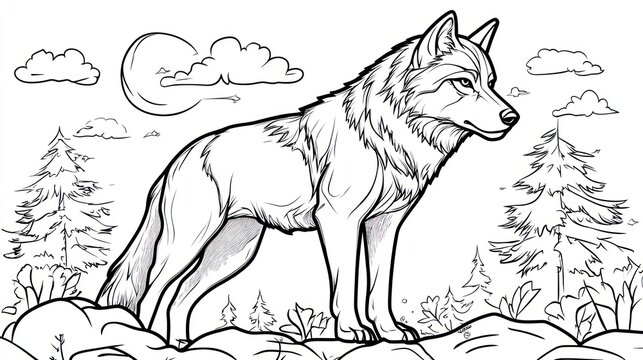 Majestic wolf coloring page, nighttime forest