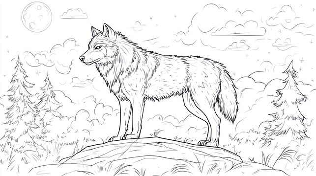 Majestic wolf on hilltop, night forest background, coloring page