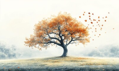 Watercolor oak tree with falling leaves in a gentle breeze, capturing movement, 3D illustration