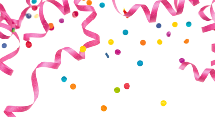 Small pink ribbon curls and confetti dots raining down, transparent background