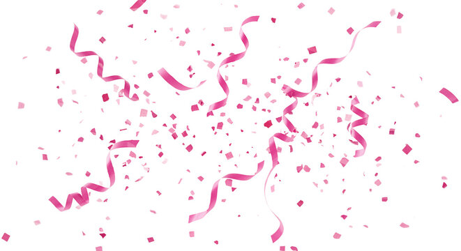 Pink confetti and ribbon streamers drifting in slow motion, transparent