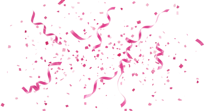 Pink confetti and ribbon streamers drifting in slow motion, transparent