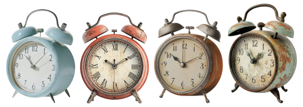 Vintage Alarm Clocks Collection in Various Colors and Styles, Isolated on Transparent Background
