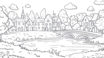 Obraz premium Charming village river scene, bridge, idyllic landscape, book illustration