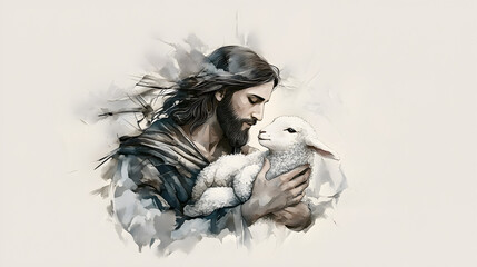 Tranquil digital artwork of Jesus embracing a gentle lamb under a warm glow, painted in soft earth tones that evoke peace, purity, and divine tenderness.