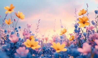 Vibrant watercolor wildflowers in yellow and blue, scattered around the edges of the wedding card, 3D illustration