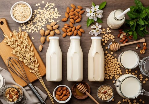 Assortment of plantbased milk bottles with almonds, oats, and soybeans, surrounded by ingredients and kitchen utensils on a rustic wooden table, showcasing healthy dairyfree beverage options