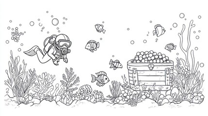 Underwater diver discovers treasure chest amidst coral reef