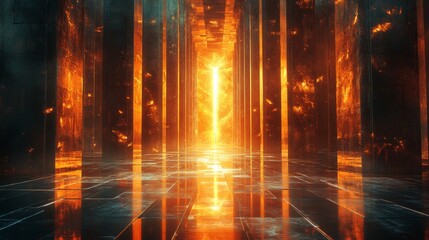 Futuristic glowing golden corridor illuminated by vertical beams of light creates a surreal vision of mystery, technology, eternity, and abstract spiritual symbolism of passage to another dimension.