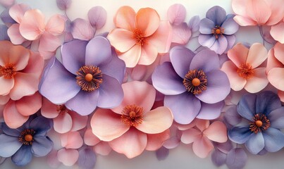 Watercolor background with hand-painted flowers in soft pinks and purples, feminine and delicate, 3D illustration