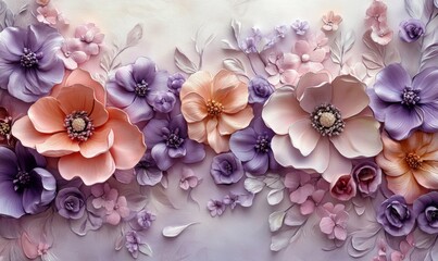 Watercolor background with hand-painted flowers in soft pinks and purples, feminine and delicate, 3D illustration