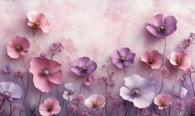 Watercolor background with hand-painted flowers in soft pinks and purples, feminine and delicate, 3D illustration