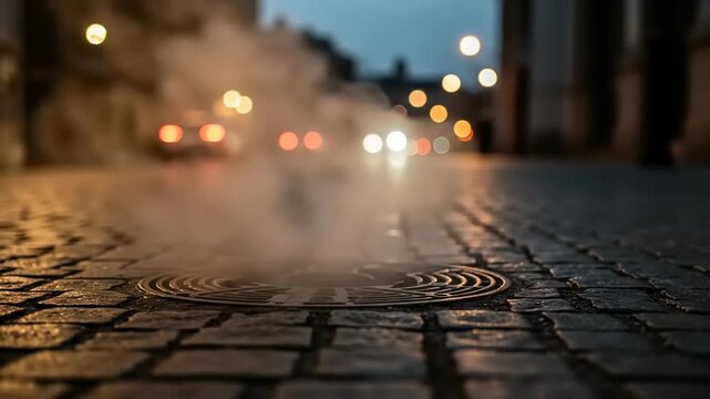 Steam rising from a manhole on a cobblestone street at night with blurred city lights in the background.