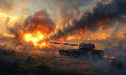 Heavy artillery piece firing at distant targets in a war-torn landscape, with massive smoke trails