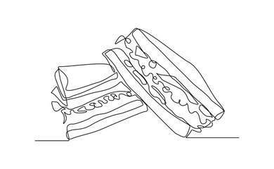 continuous one line of delicious sandwich burger fast food or junk food. Sketch drawing editable stroke concept vector illustration for meal cafe or restaurant