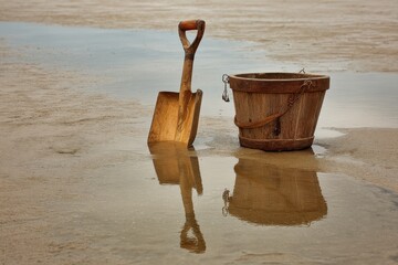 Wooden Bucket and Shovel Reflected in Shallow Water at Low Tide