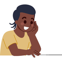 Obraz premium Smiling Dark Skinned Boy with Black Hair Resting Head on Hand in Transparent Background