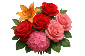 Flower arrangement showcasing vibrant red, pink, and orange blooms, symbolizing romance, celebration, and natural beauty on transparent background