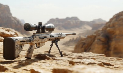Close-up of a sniper rifle with a high-powered scope, positioned on a desert outcrop, sharp and precise