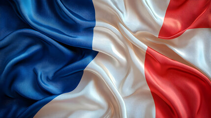 Modern abstract illustration of the French tricolor flag with realistic silk waves, ideal for national, cultural, or elegant digital backgrounds
