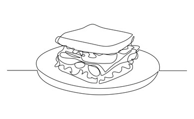 continuous one line of delicious sandwich burger fast food or junk food. Sketch drawing editable stroke concept vector illustration for meal cafe or restaurant
