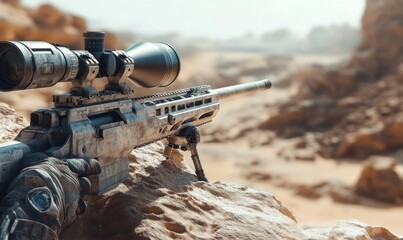 Close-up of a sniper rifle with a high-powered scope, positioned on a desert outcrop, sharp and precise