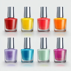 Collection of colorful nail polish bottles on a white background