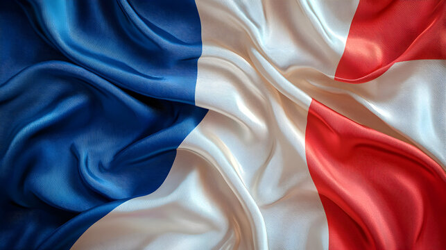 Modern abstract illustration of the French tricolor flag with realistic silk waves, ideal for national, cultural, or elegant digital backgrounds