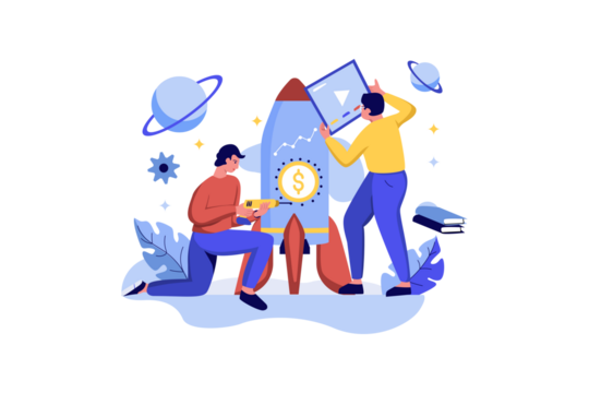 Start Up Concept with Cartoon People Assembling a Rocket Surrounded by Space Elements on White Background