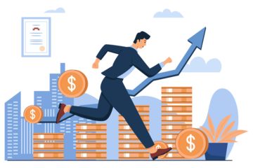 Revenue Growth Flat Illustration with Businessman Running on Gold Coins and Blue Upward Arrow in Transparent Background