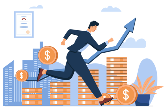 Revenue Growth Flat Illustration with Businessman Running on Gold Coins and Blue Upward Arrow in Transparent Background - Powered by Adobe