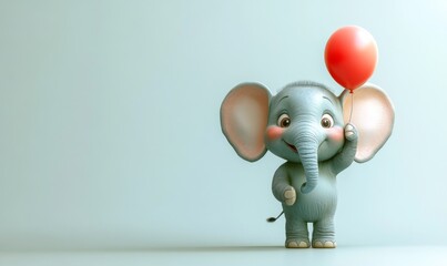 3D happy elephant with oversized ears, standing with a playful pose, holding a balloon with its trunk