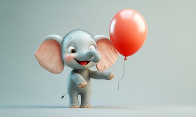 3D happy elephant with oversized ears, standing with a playful pose, holding a balloon with its trunk