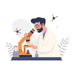 Scientist in Lab Coat Working with Microscope in Laboratory Setting Minimalist Vector Illustration Science Medical Research and Scientific Analysis